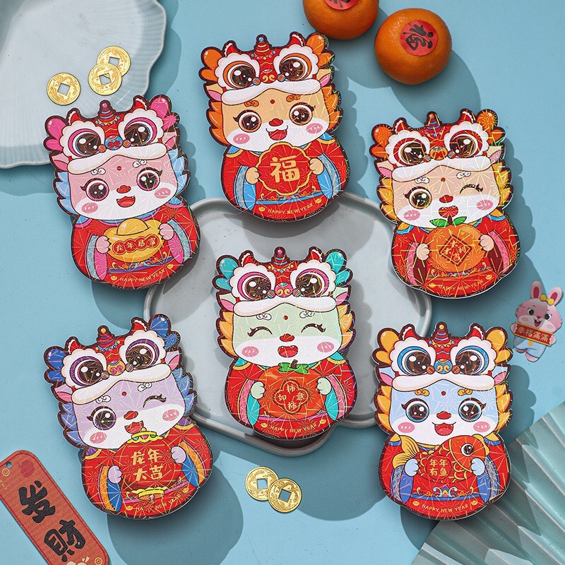 Combo 6 bao lì xì Bao Lì Xì Đỏ May Mắn , Lì xì Họa Tiết Rồng Năm Mới 2024 chibi siêu cute Phong cách Trung Hoa