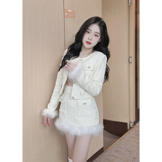 Set dạ tweed đính khuy đá pha viền lông siêu sang chảnh