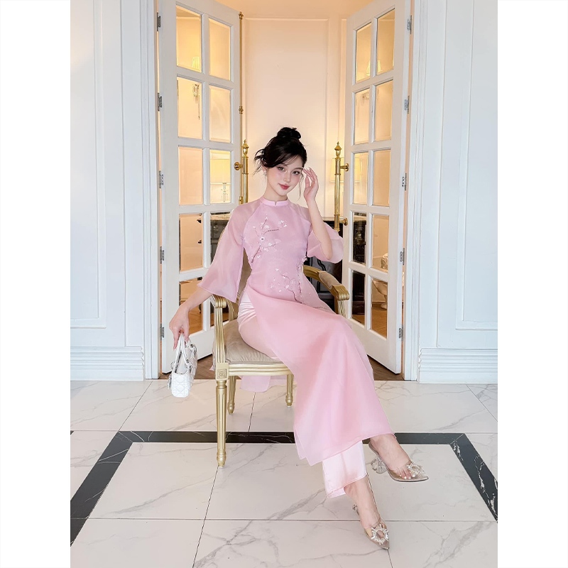 Áo Dài Nữ Cách Tân Họa Tiết Hoa Đào TK90