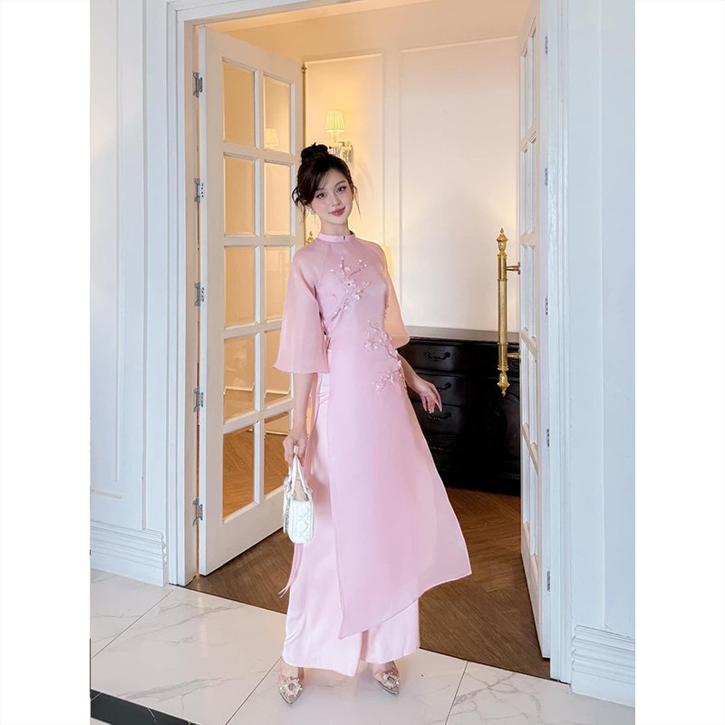 Áo Dài Nữ Cách Tân Họa Tiết Hoa Đào TK90