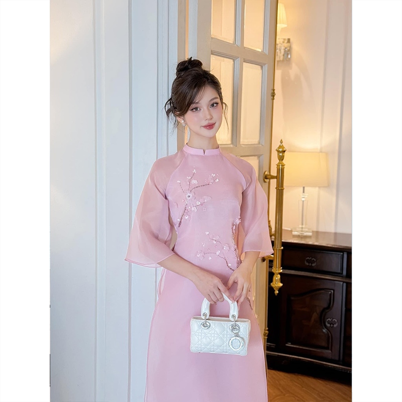 Áo Dài Nữ Cách Tân Họa Tiết Hoa Đào TK90