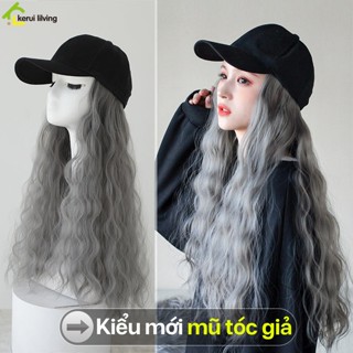 Tóc giả BUNA xoăn dài nguyên đầu cá tính; uốn hippie kèm nón lưỡi trai, mũ cao cấp màu xám khói