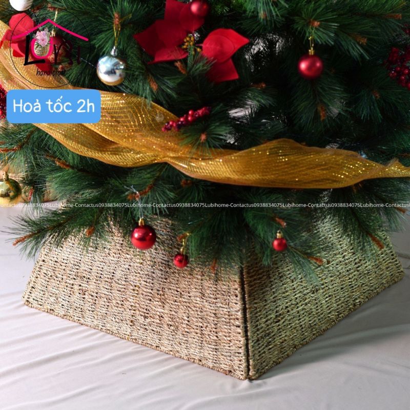 - Phụ kiện Hàng rào/ Đế trang trí cây thông Noel hình vuông đan cói - mộc mạc, sang trọng