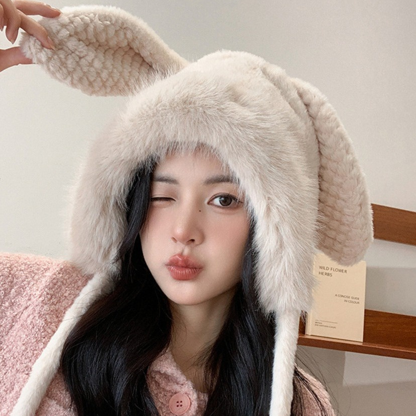 Mũ len nữ, Mũ lông cừu tai thỏ giữ ấm mùa đông SLEEPYCHIC nón len lông cừu tai mèo thời trang