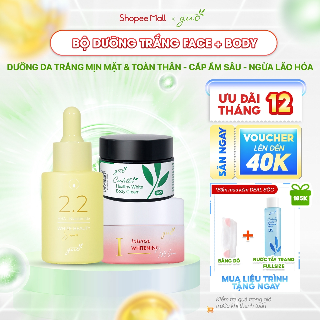 Bộ Dưỡng Trắng Face + Body nâng tone tự nhiên, an toàn, lành tính 3 sản phẩm - GUO