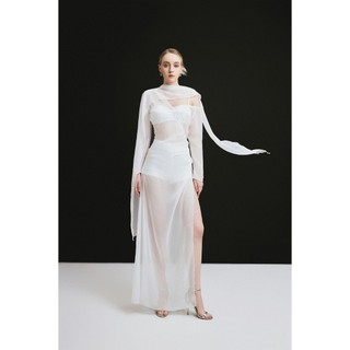 Amelinda (White) - Đầm Voan Lệch Vai Xẻ Tùng Màu Trắng