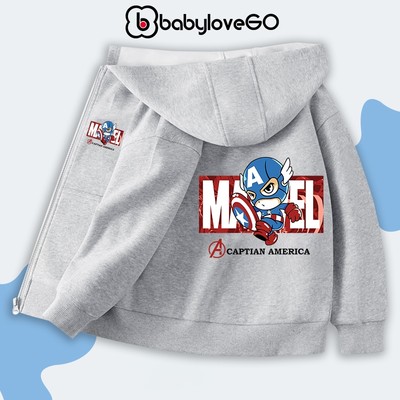 Áo khoác bé trai BabyloveGO 2026 áo khoác nỉ hai da in hình siêu anh hùng có mũ và khóa kéo