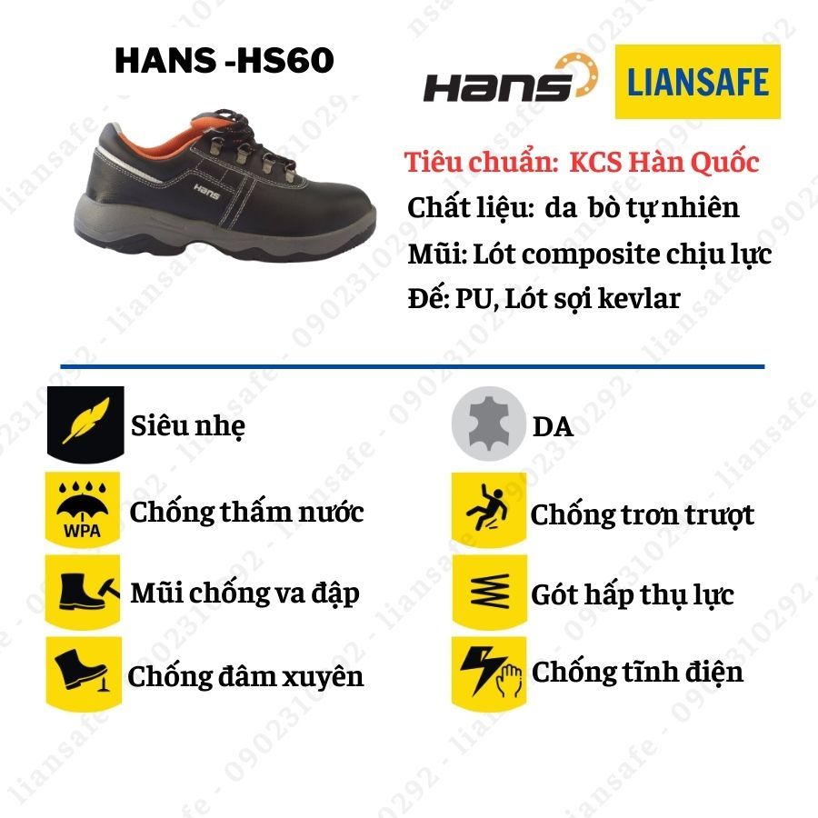 Giày bảo hộ lao động nam siêu nhẹ Hans Hs60 Hàn Quốc - Giày chống đinh nam đi làm công trình - thợ hàn - cơ khí