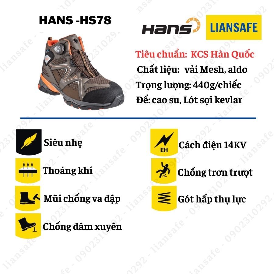 Giày bảo hộ lao động nam cổ cao Hàn Quốc Hans HS78 cách điện - Giày chống đinh thể thao thời trang công trình