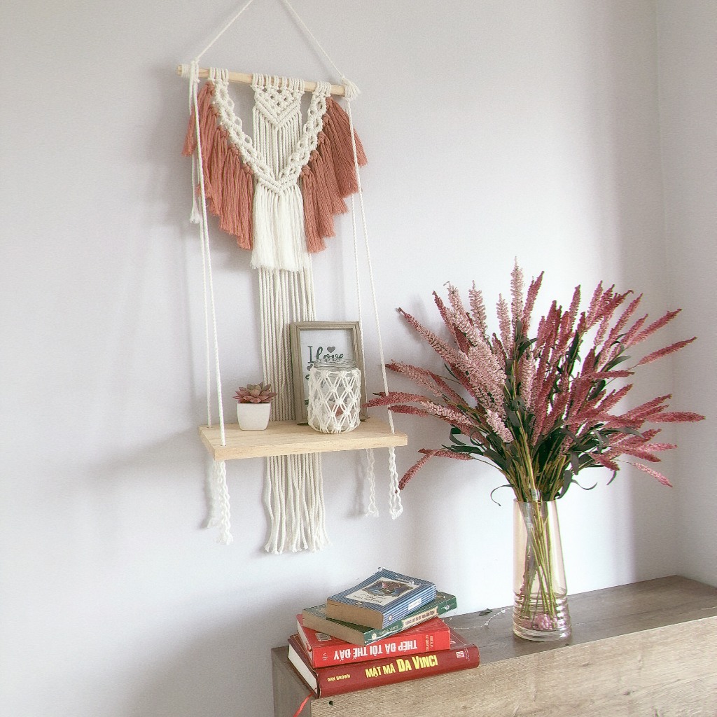 Kệ trang trí, kệ gỗ treo tường tết dây macrame trang trí nhà cửa decor nội thất decor phòng
