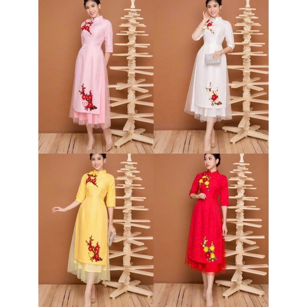 Set váy áo dài áo in hoa vải đũi kèm chân váy lưới cùng tone sang chảnh, thanh lịch cho các nàng đi dự tiệc, mặc tết
