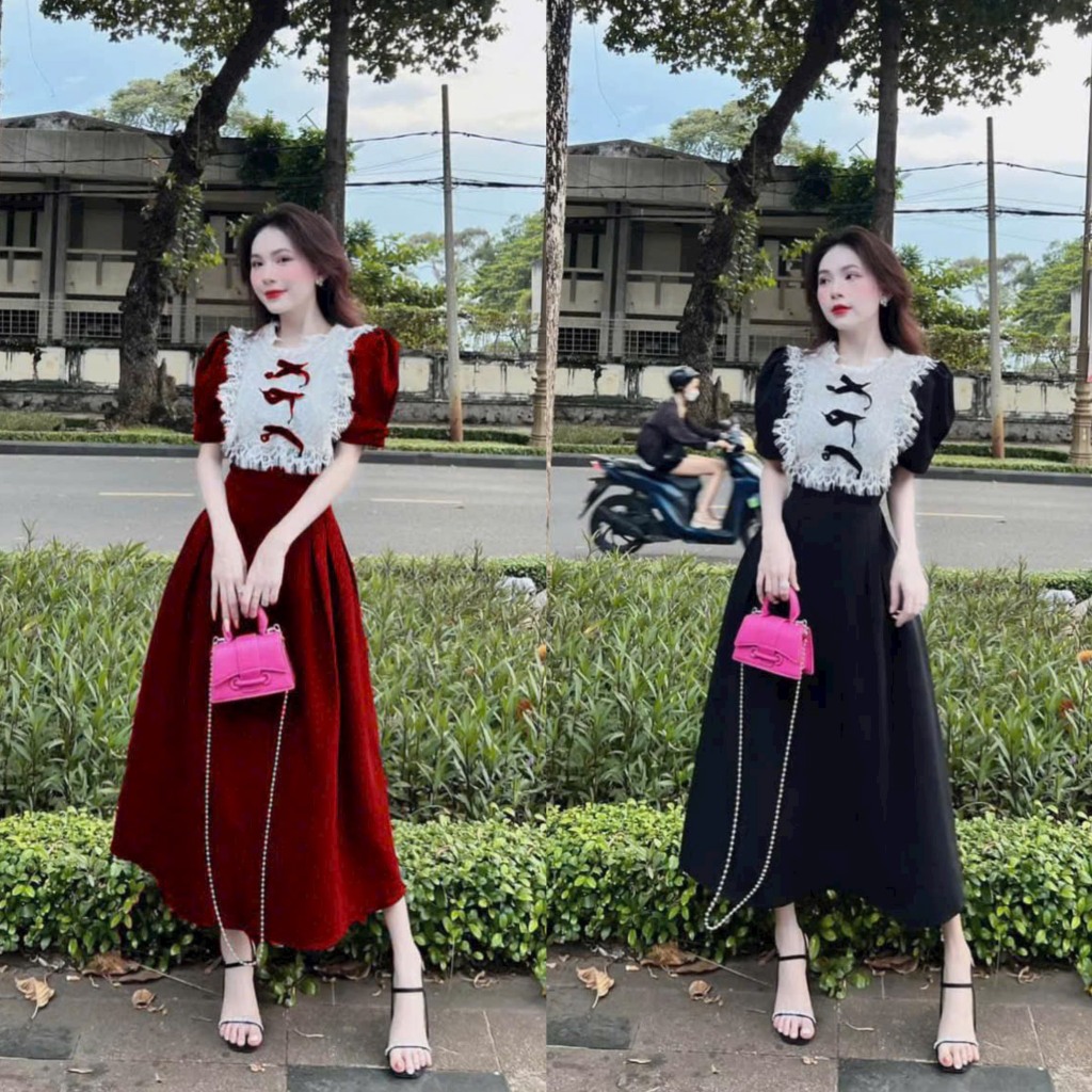 Đầm váy nhung phối cổ ren đính nơ dáng thân dài xòe cùng 2 tone màu sang chảnh thích hợp đi dự tiệc, mặc tết