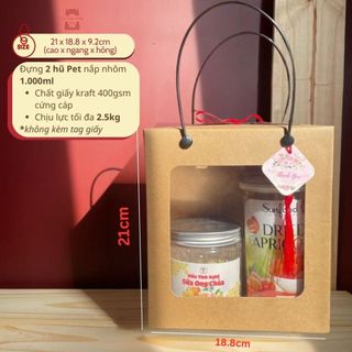 Combo 10 hộp giấy kraft quà tặng có mặt kính mica đựng hạt, bánh mứt, vừa 2 hũ pet nắp nhôm 1000ml