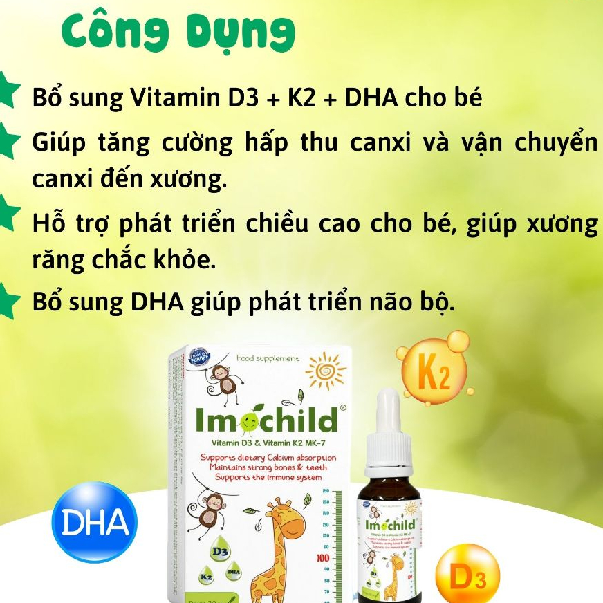 Imochild D3K2 - Giúp bổ sung vitamin D3, K2-MK7 và DHA, hỗ trợ bé phát triển chiều cao và trí não (Hộp 20ml) - Chính hãn
