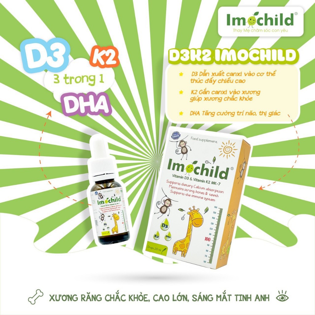 Imochild D3K2 - Giúp bổ sung vitamin D3, K2-MK7 và DHA, hỗ trợ bé phát triển chiều cao và trí não (Hộp 20ml) - Chính hãn