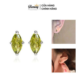 Khuyên tai nữ bạc đá màu xanh hình thoi 2 màu bạc và vàng Uri sang chảnh, độc đáo | HARMONY ACCESSORIES K187