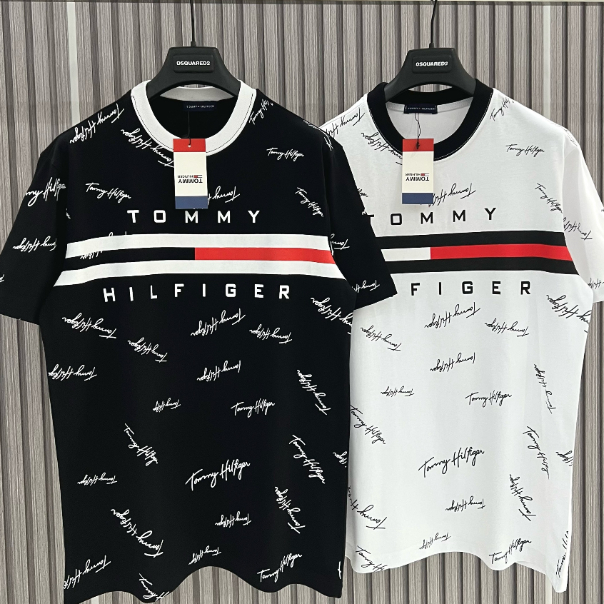 [M2]Áo phông nam nữ Tommy Hilfiger in vạch sọc đen trắng đỏ chữ kí quanh áo. Áo Thun Unisex Form Unisex Siêu Hot 2023