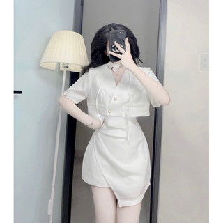 Set áo crop chéo nút + chân váy tà xéo kèm choker hoa