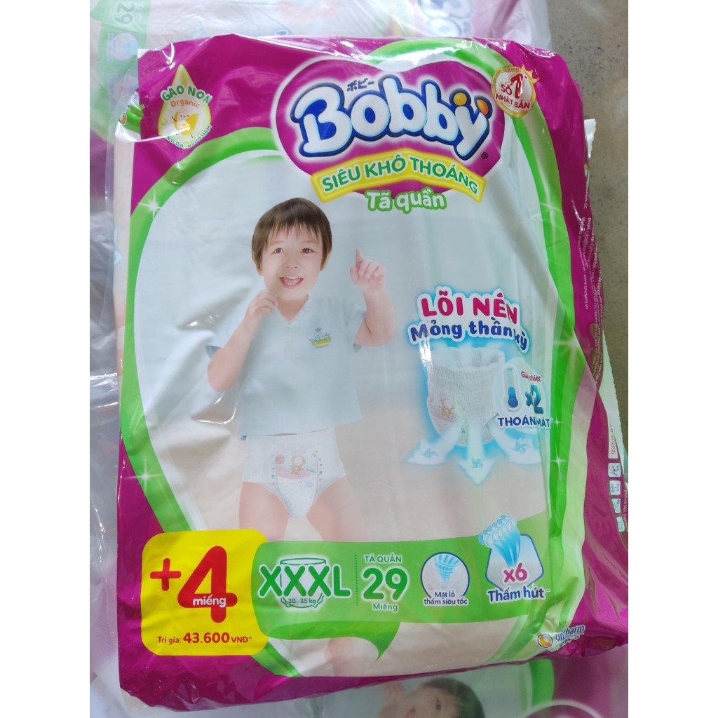 Tã quần Bobby Lõi nén thần kỳ 3mm Gạo non M56/L48/XL42/XXL38/XXXL29+4