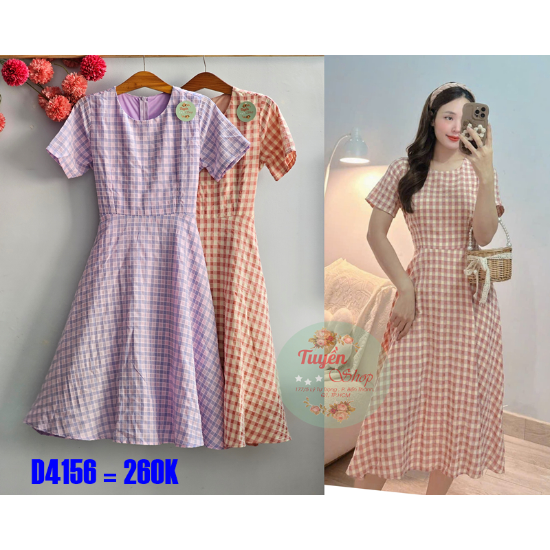 Đầm caro xòe nhẹ buộc dây