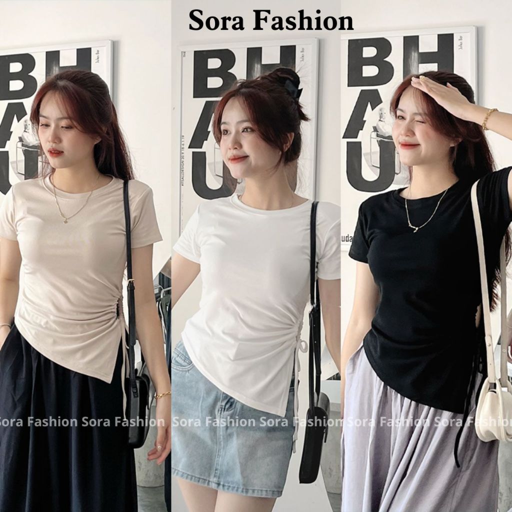 Áo Kiểu Nữ Bigsize Vạt Chéo Rút Dây Sora Fashion,Áo Thun Nữ Khoét Bên Eo Vạt Nhọn Chất Liệu Thun Cotton Co Giãn 118