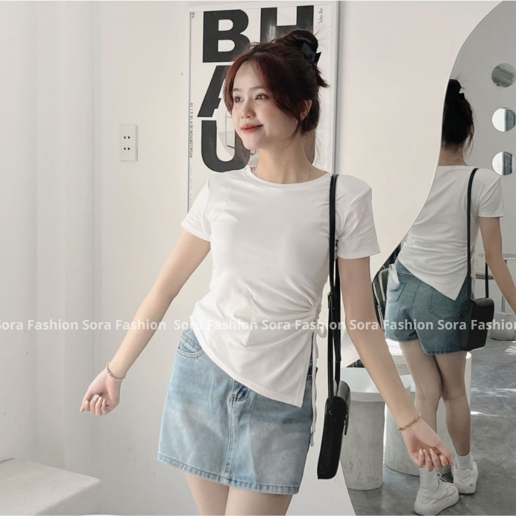 Áo Kiểu Nữ Bigsize Vạt Chéo Rút Dây Sora Fashion,Áo Thun Nữ Khoét Bên Eo Vạt Nhọn Chất Liệu Thun Cotton Co Giãn 118
