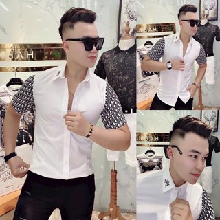 Áo Sơ Mi Nam Trắng ĐEN Phối Logo Tay Họa Tiết Cao Cấp Chuẩn Phom