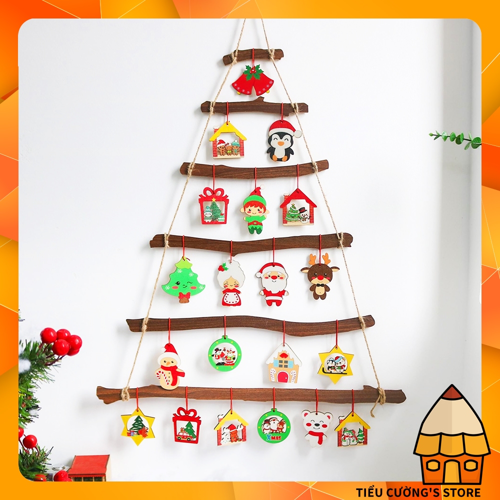 🎄Cây Thông Noel gỗ treo kèm 20 hình trang trí có đèn và dây, decor giáng sinh