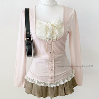 ˖ ࣪⊹ ౨ৎ [Winter special ] - y2k milkmaid top màu hồng nhạt áo dài tay nữ cổ tròn phối ren nơ vintage coquette .𖥔 ݁ ˖