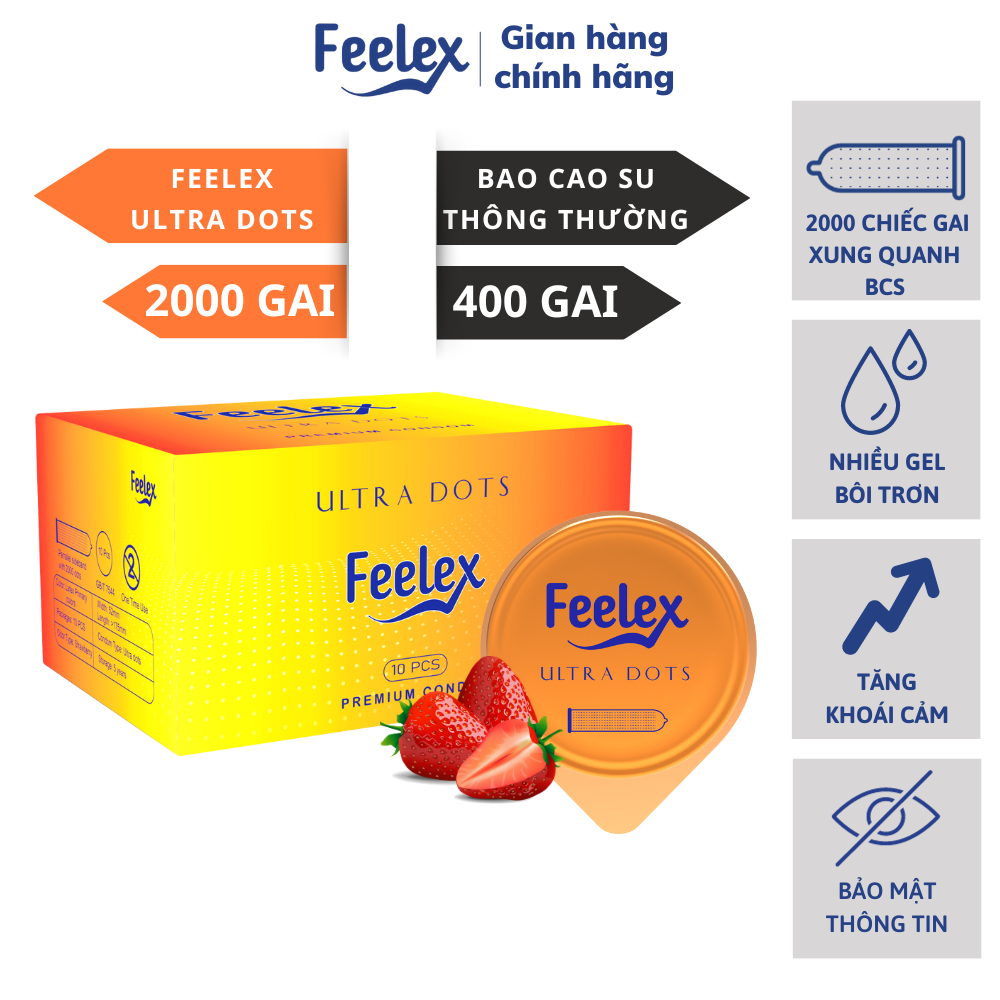 Bao cao su Feelex Ultra Dots siêu gai, nhiều gel bôi trơn hộp 10 bcs.