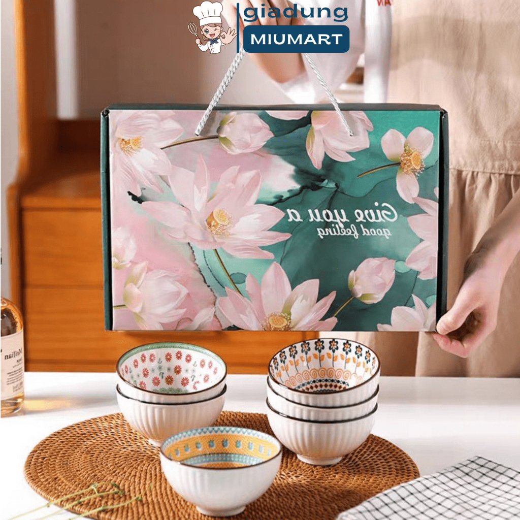 Set 6 bát sứ ăn cơm, bộ chén bát gốm sứ ăn cơm hoạ tiết hoa nhí cao cấp xịn tặng kèm 6 đôi đũa - MiuMiu Mart