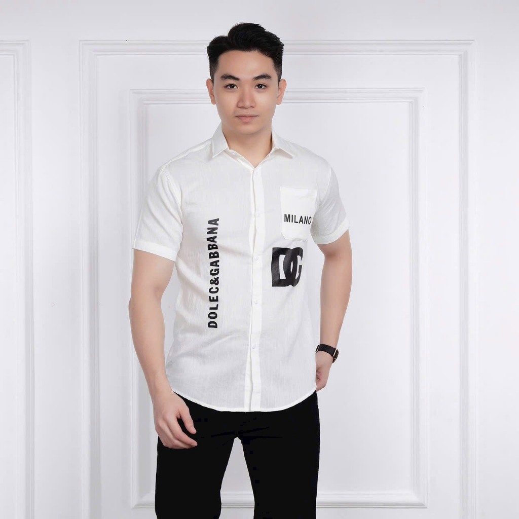 Áo Sơ Mi Nam Trắng ĐEN Phối Logo Tay Họa Tiết Cao Cấp Chuẩn Phom