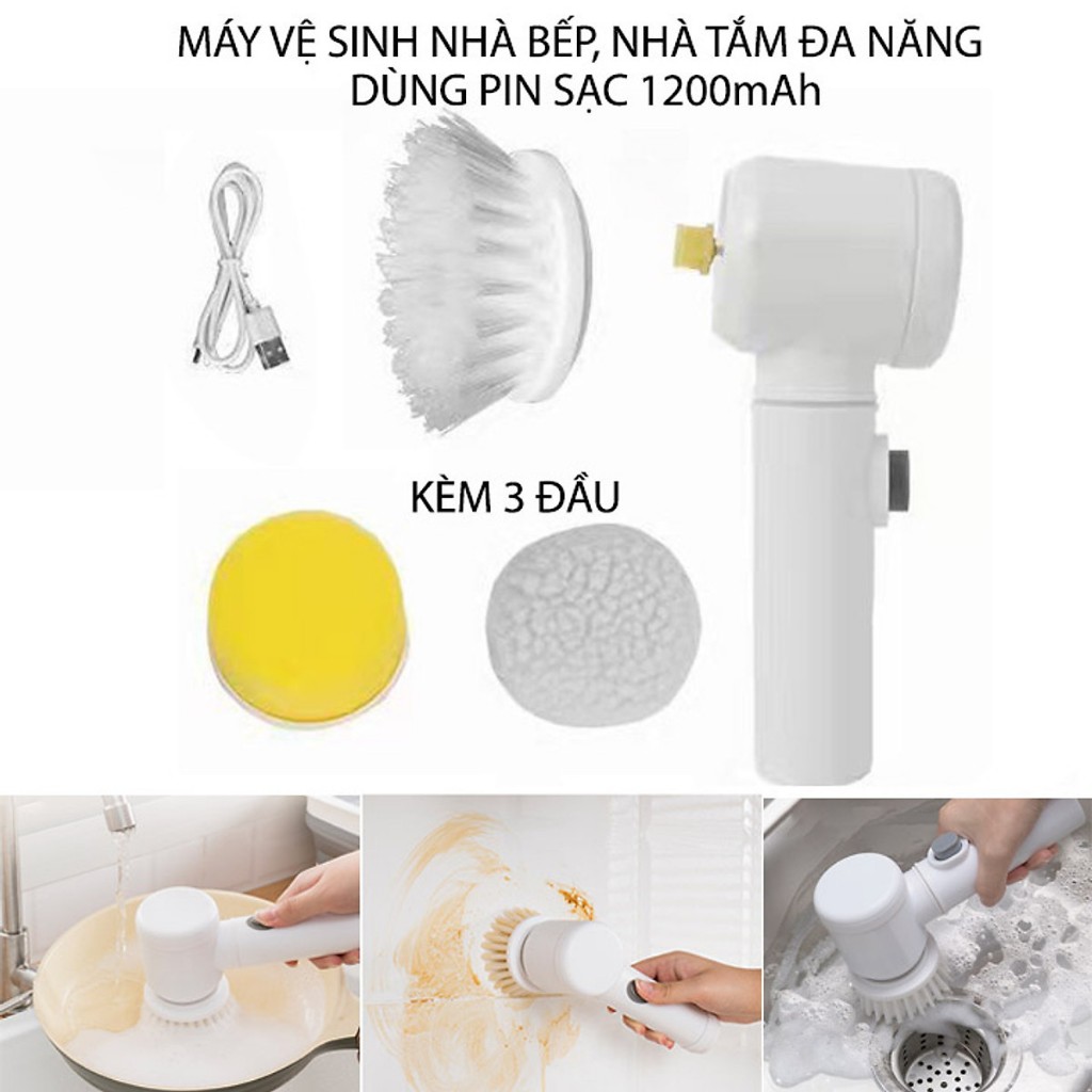Máy Cọ Rửa Cầm Tay Đa Năng Sạc USB, Bàn Chải Vệ Sinh Nhà Bếp, Bồn Rửa Mặt, Đánh Bóng Giày Với 3 Đầu Thay Thế