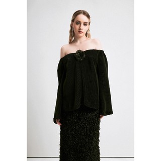 Anthea - Áo Bẹt Vai Đính Hoa Dập Ly Đen - XIPI