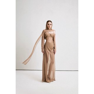 Amelinda (Brown) - Đầm Voan Lệch Vai Xẻ Tùng Màu Nâu