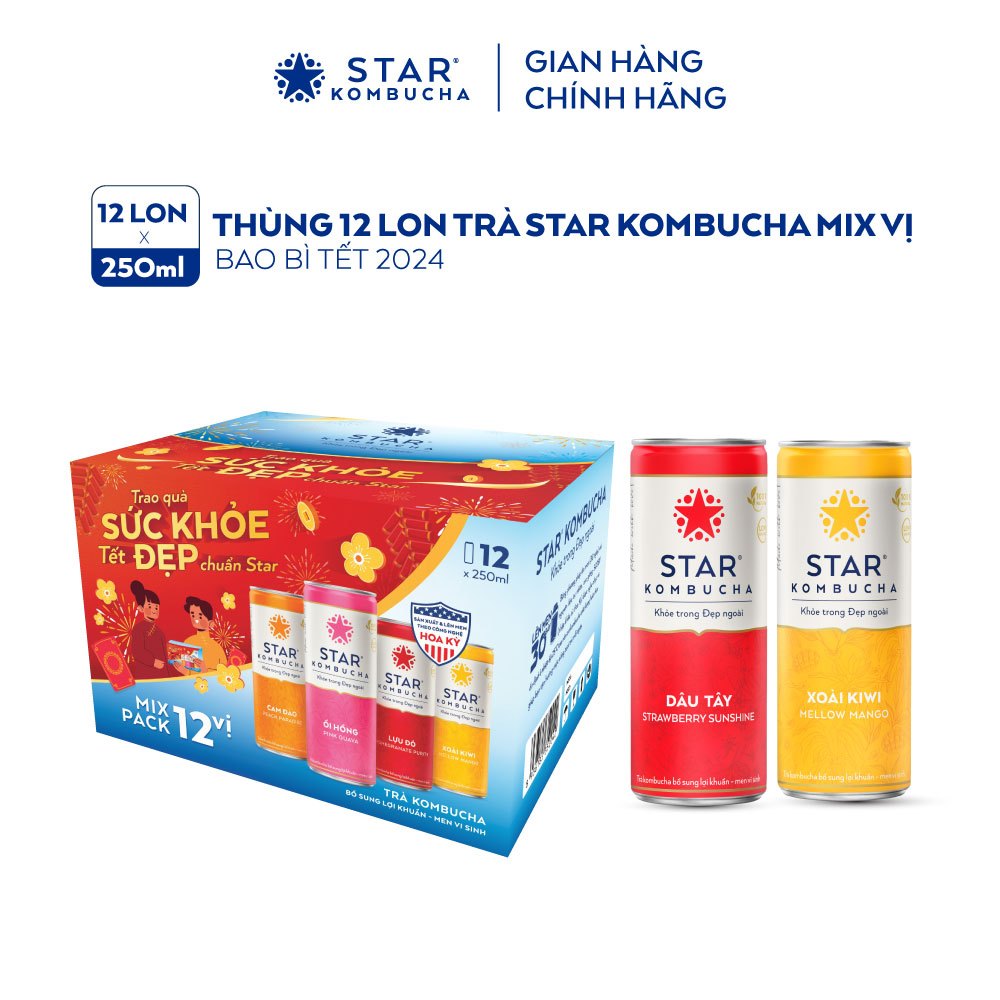 Thùng 12 lon trà lên men Star Kombucha mix vị (250ml/lon)