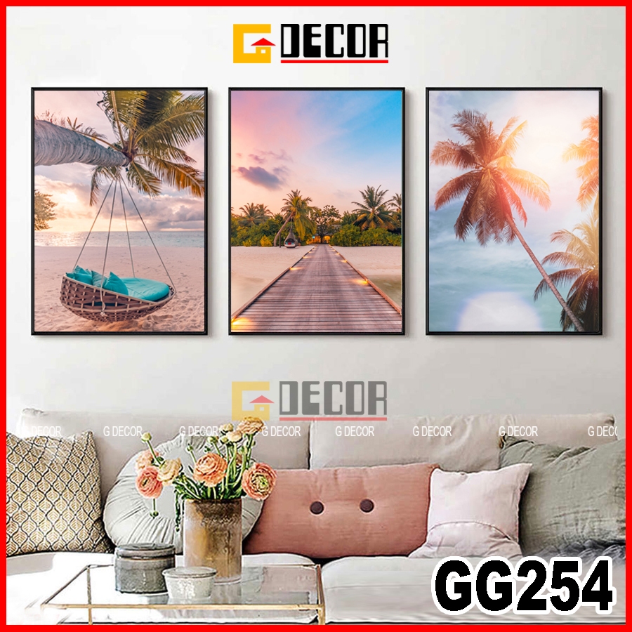 Tranh treo tường canvas khung gỗ 3 bức phong cách hiện đại Bắc Âu tranh biển trang trí phòng khách phòng ngủ spa 254