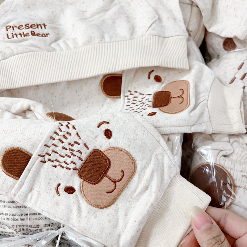 ✨MALINHKID✨BN63- Bộ nỉ mũ màu be GẤU BE trẻ em VNXK
