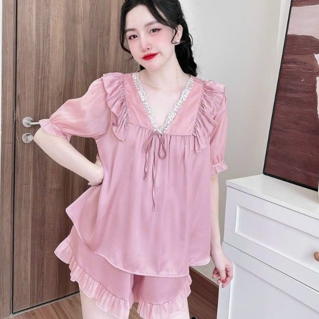 Đồ bộ ngủ nữ, bộ đồ ngủ nữ quần đùi mặc nhà vải Latin freesize 54kg - cn170
