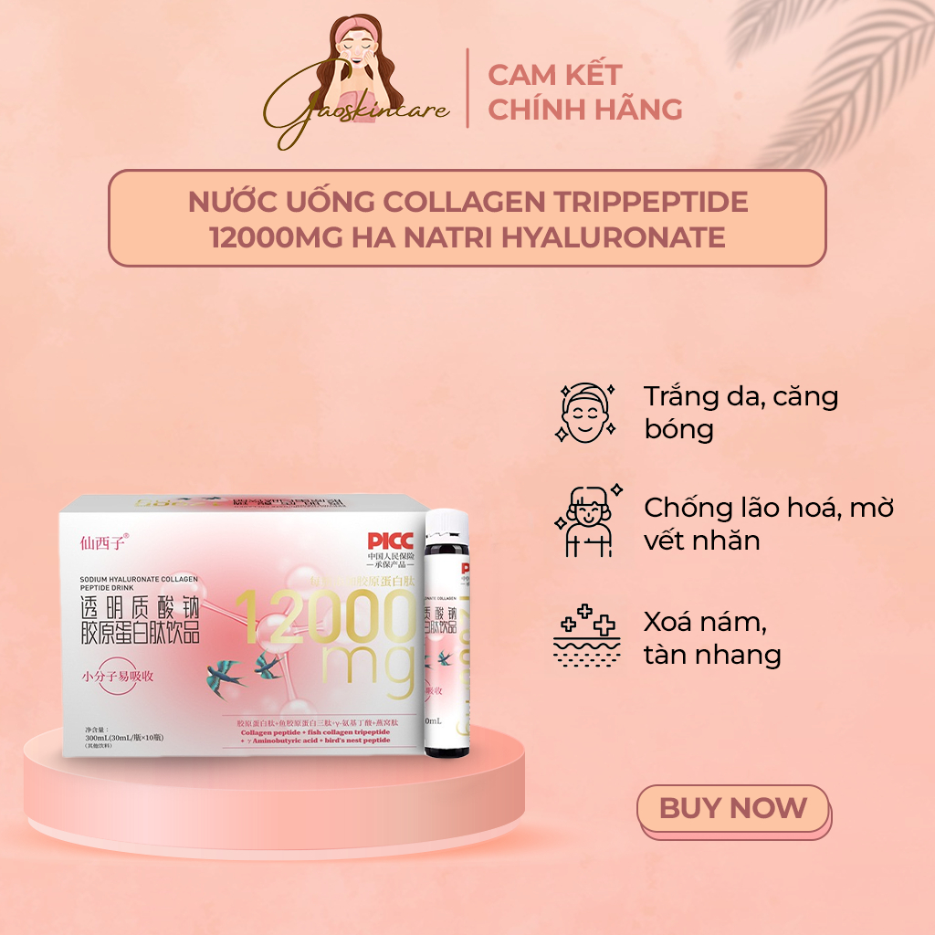 Nước Uống Collagen Trippeptide 12000mg HA Natri Hyaluronate - Trắng Da, Chống Lão Hoá & Mờ Nếp Nhăn 'hộp 10ống ố