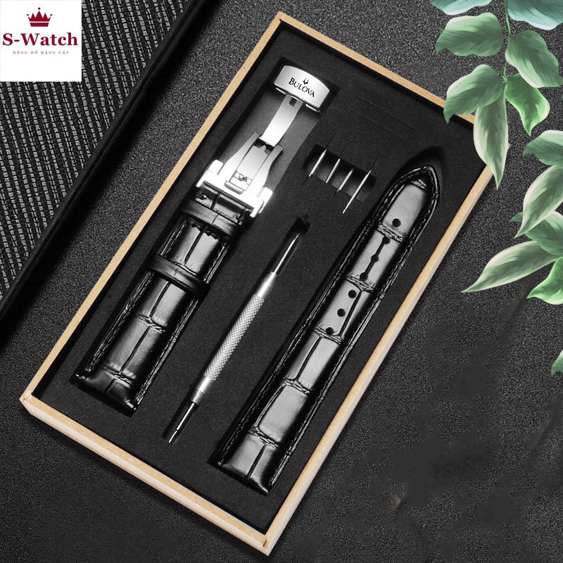 Dây đeo cho đồng hồ Bulova, da bò dập vân cá sấu, chống hút mồ hôi, khoá 2 nút bấm - D1712