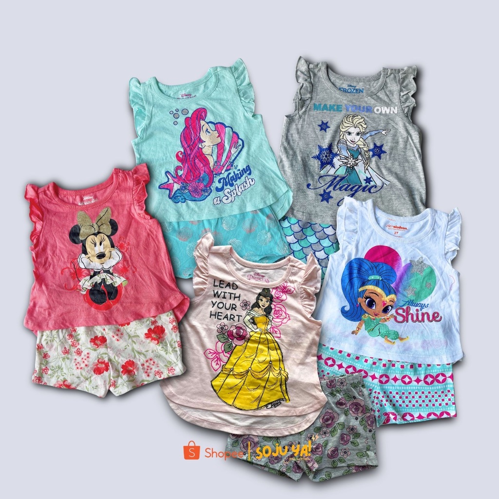 Đồ bộ bé gái thun cotton, tay nhí cánh tiên, quần short, in hình nhân vật Disney đáng yêu 8-16kg