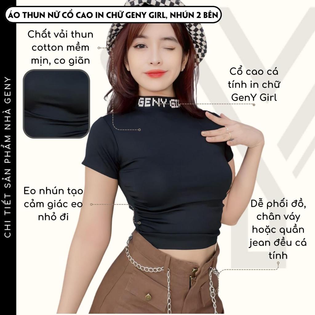 Áo croptop nữ cổ cao tay ngắn in hoạ tiết GENY GIRL nhún 2 bên ôm body tôn dáng chất vải COTTON dày dặn co giãn C3