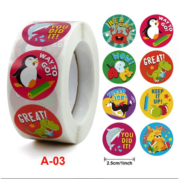 Sticker cuộn 500 hình dán cute dễ thương đẹp giá rẻ, sticker trang trí dán sổ khen thưởng học sinh văn phòng phẩm