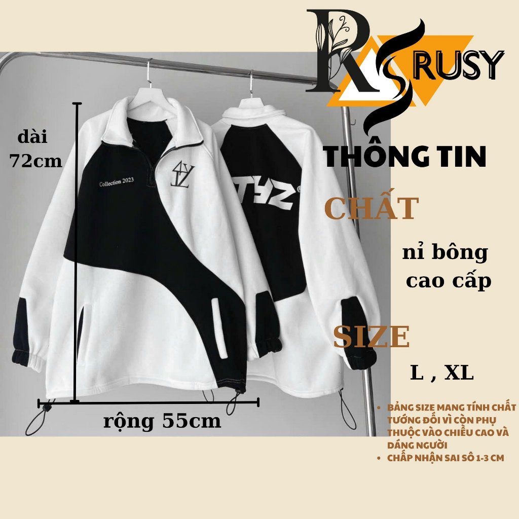 Áo khoác hoodie 4TYZ nỉ bông dày dặn phối màu đen trắng dây rút form rộng unisex ,Áo khoác nỉ chui nam nữ Rusy