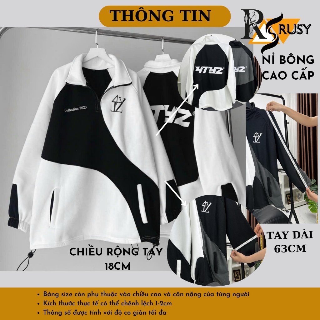 Áo khoác hoodie 4TYZ nỉ bông dày dặn phối màu đen trắng dây rút form rộng unisex ,Áo khoác nỉ chui nam nữ Rusy