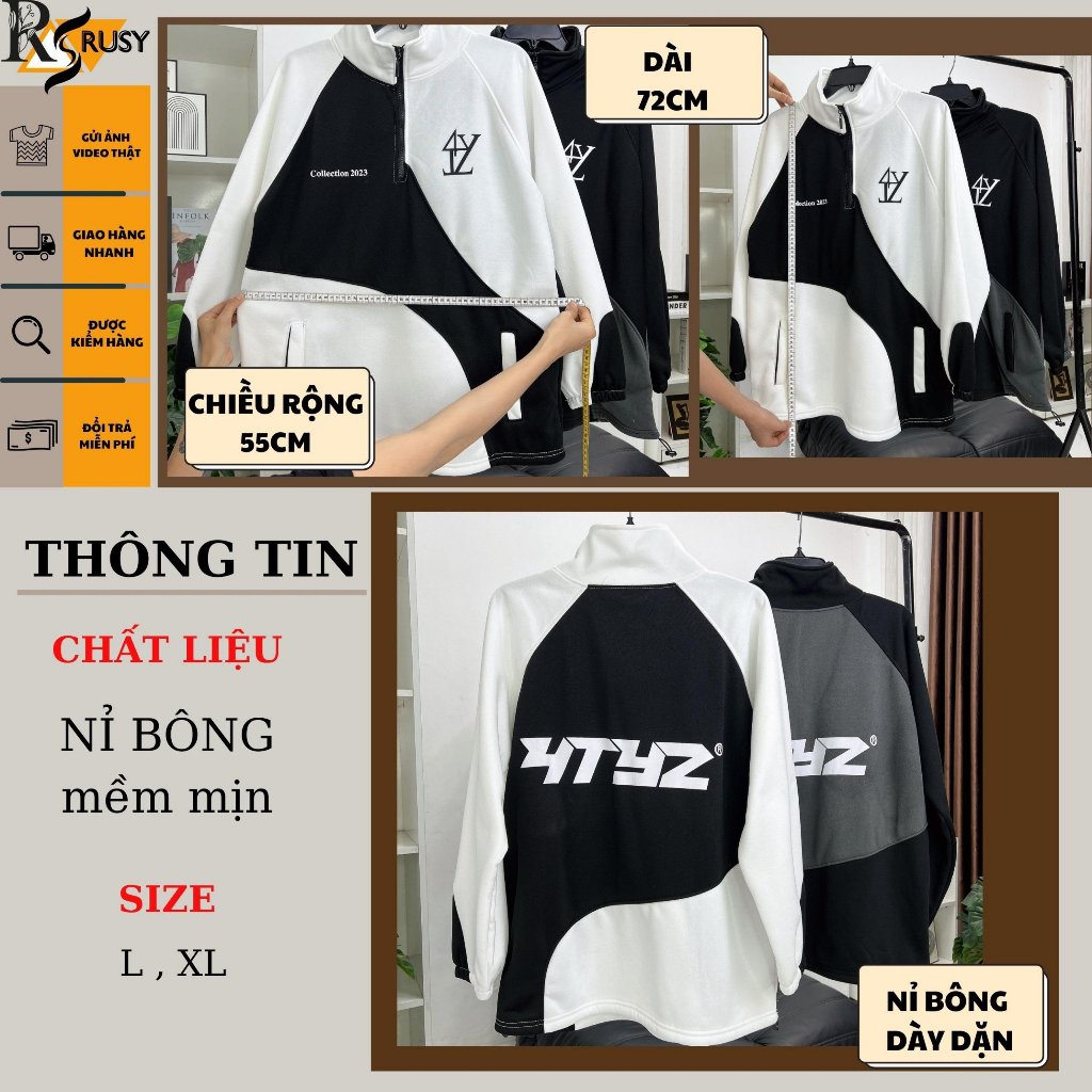 Áo khoác hoodie 4TYZ nỉ bông dày dặn phối màu đen trắng dây rút form rộng unisex ,Áo khoác nỉ chui nam nữ Rusy