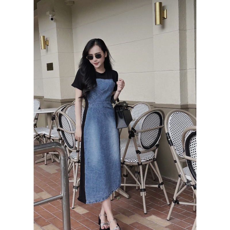 Đầm suông phối jean tay ngắn sang trọng VIENS STORE