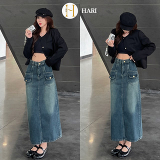Chân váy jean Hari dài xẻ đậm 2 nắp túi 212