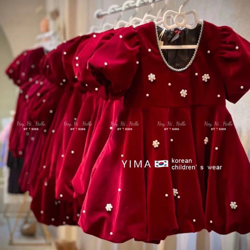 Váy nhung thân bồng đính ngọc bé gái